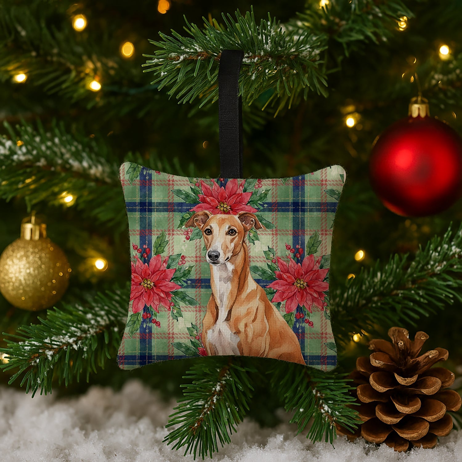 Red Greyhound Christmas PoinsettIas Hanging Square Fabric Ornament 3.5 � 3.5 Decorative Door-Knob & Tree Hanger, Soft Fabric