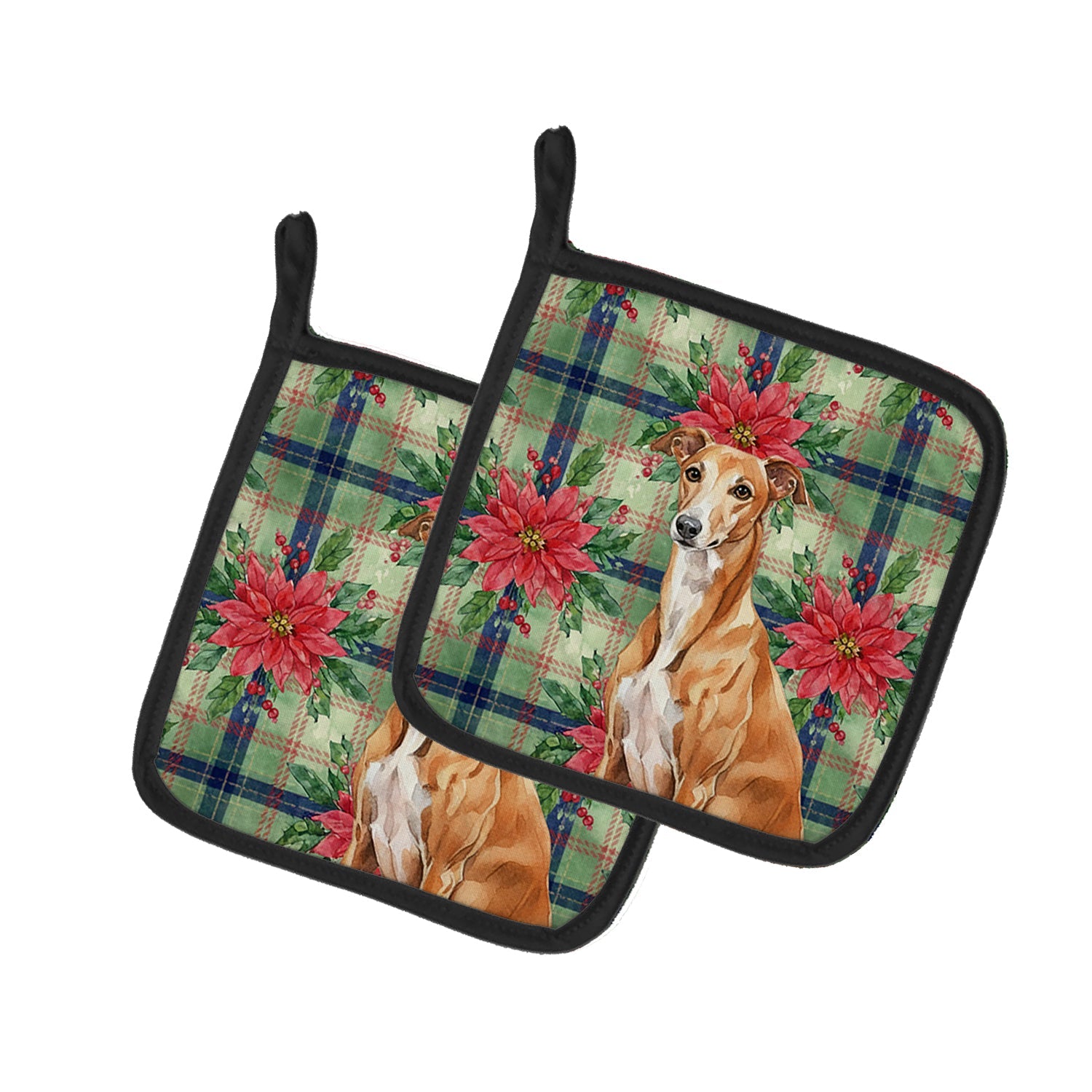 Red Greyhound Christmas PoinsettIas Pot Holder Set of 2 Heat Resistant Quilted Hot Pads 7.5 x 7.5 Inch, Insulated Kitchen Trivets for Cooking & Baking