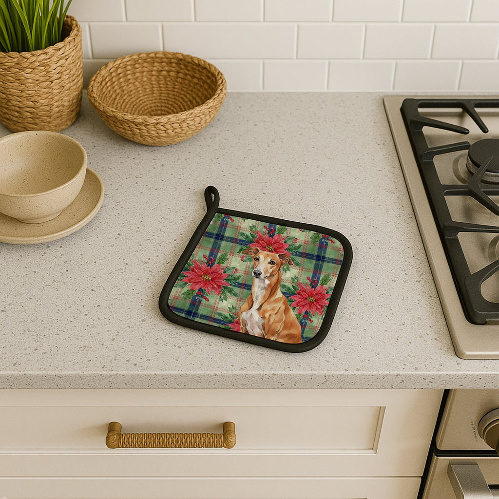 Red Greyhound Christmas PoinsettIas Pot Holder Set of 2 Heat Resistant Quilted Hot Pads 7.5 x 7.5 Inch, Insulated Kitchen Trivets for Cooking & Baking