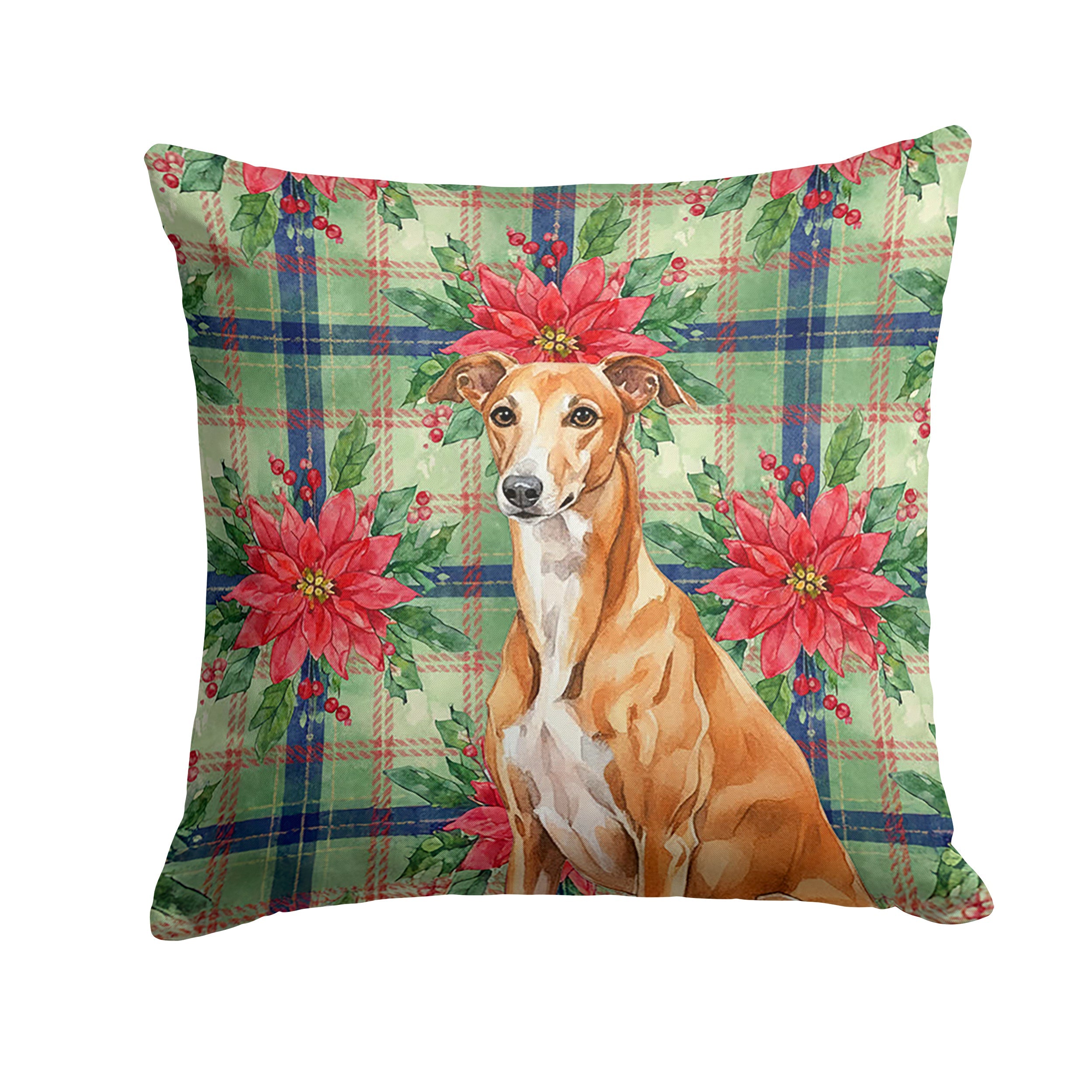 Red Greyhound Christmas PoinsettIas Decorative Throw Pillow 14x14 Indoor Outdoor Accent Cushion, Fabric Cover with Insert for Sofa, Bed, Porch & Living Room
