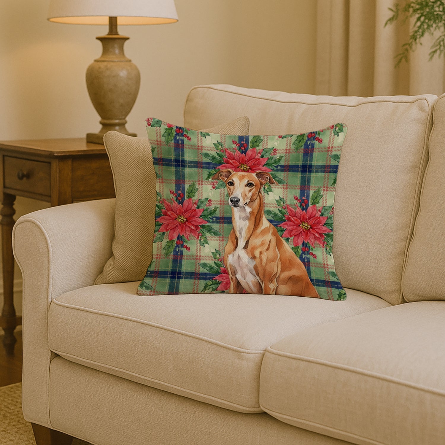 Red Greyhound Christmas PoinsettIas Decorative Throw Pillow 14x14 Indoor Outdoor Accent Cushion, Fabric Cover with Insert for Sofa, Bed, Porch & Living Room