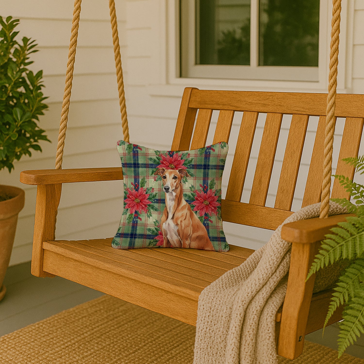 Red Greyhound Christmas PoinsettIas Decorative Throw Pillow 14x14 Indoor Outdoor Accent Cushion, Fabric Cover with Insert for Sofa, Bed, Porch & Living Room