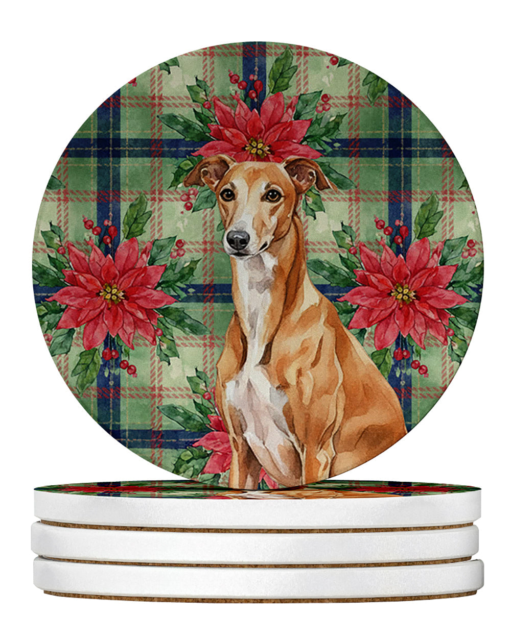 Red Greyhound Christmas PoinsettIas Large Sandstone Coasters Pack of 4 Absorbent Round Coasters Decor Gifts for Men or Women, 4 in, Multicolor