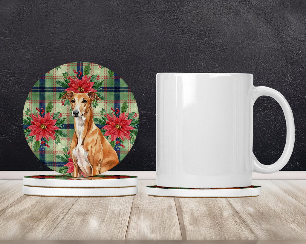 Red Greyhound Christmas PoinsettIas Large Sandstone Coasters Pack of 4 Absorbent Round Coasters Decor Gifts for Men or Women, 4 in, Multicolor