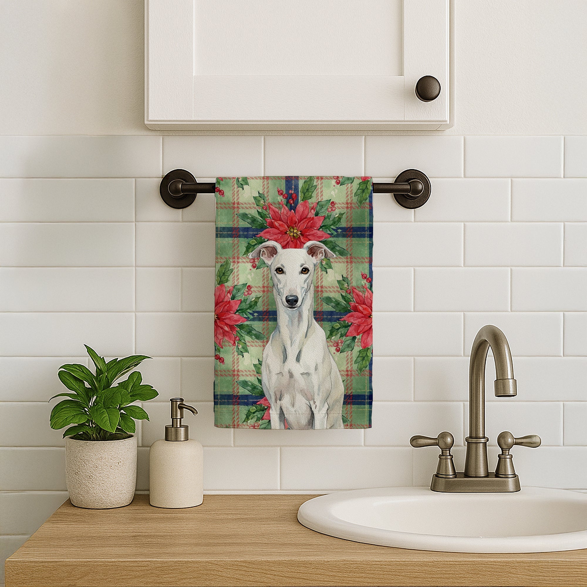 White Greyhound Christmas PoinsettIas Kitchen Towel Velour Plush Front and Cotton Loop Back Machine Washable