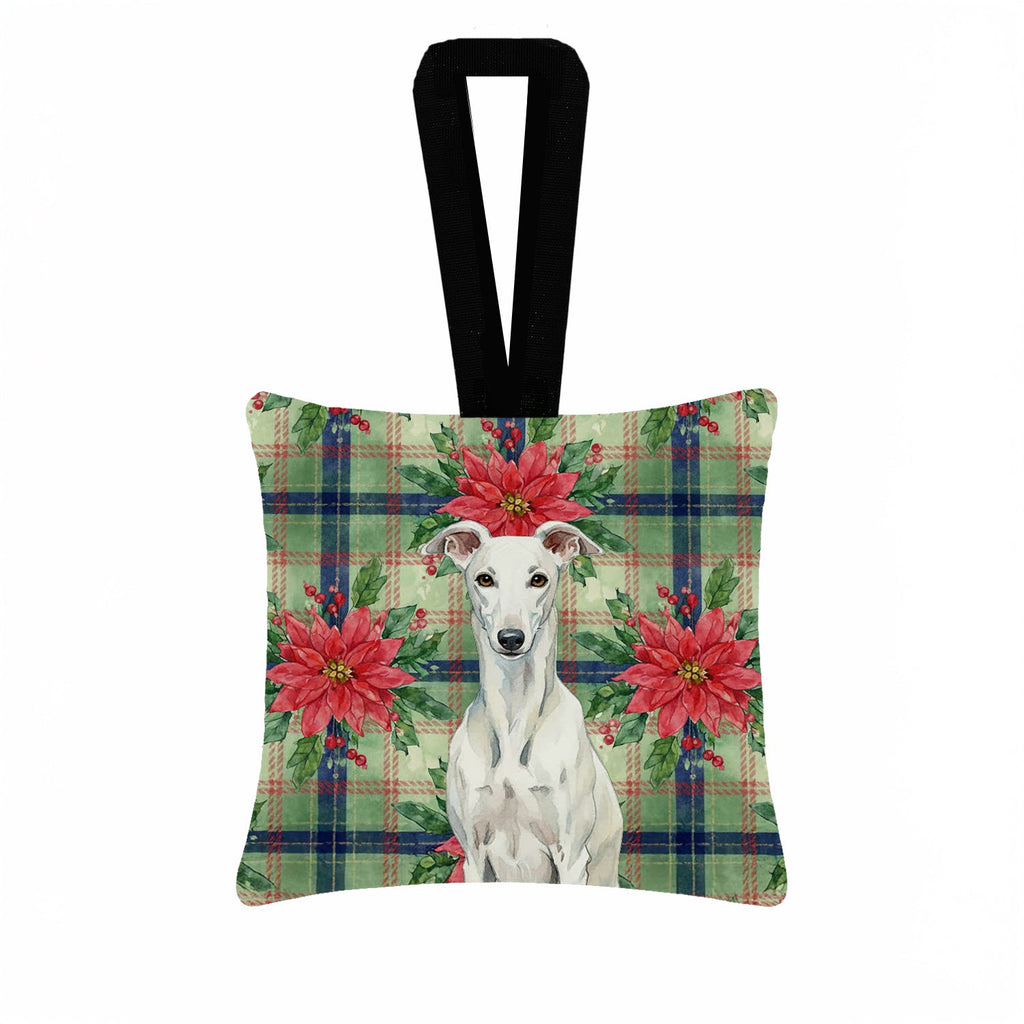 White Greyhound Christmas PoinsettIas Hanging Square Fabric Ornament 3.5 � 3.5 Decorative Door-Knob & Tree Hanger, Soft Fabric