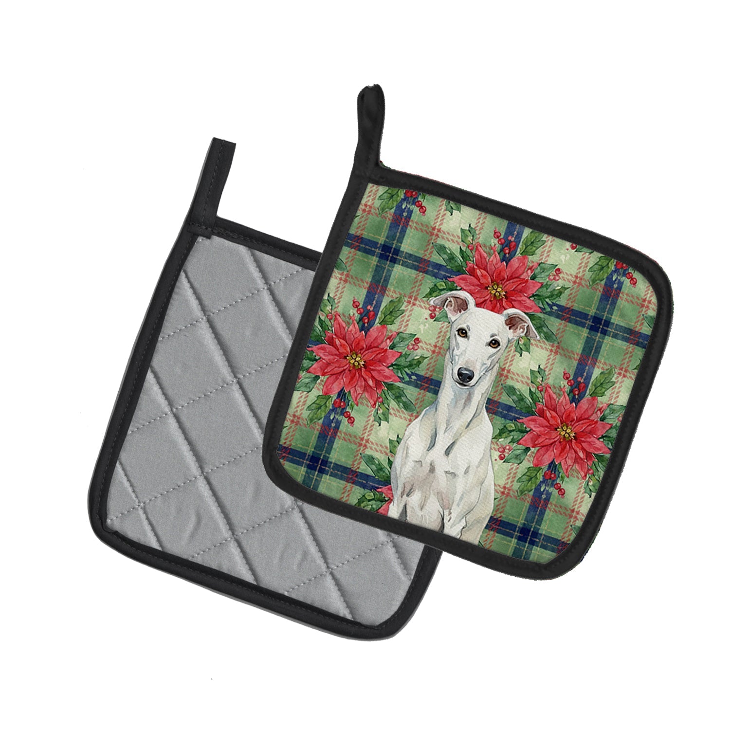 White Greyhound Christmas PoinsettIas Pot Holder Set of 2 Heat Resistant Quilted Hot Pads 7.5 x 7.5 Inch, Insulated Kitchen Trivets for Cooking & Baking