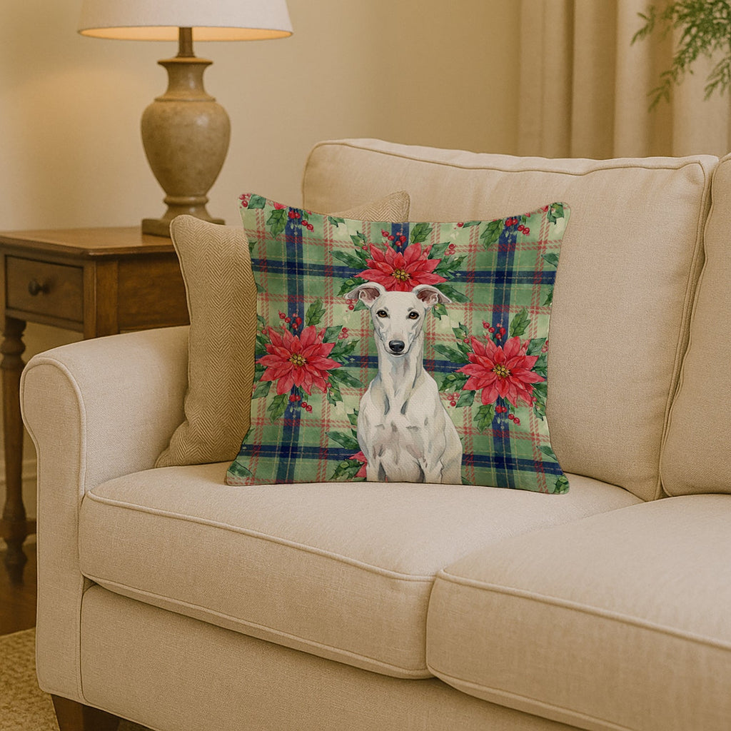 White Greyhound Christmas PoinsettIas Decorative Throw Pillow 14x14 Indoor Outdoor Accent Cushion, Fabric Cover with Insert for Sofa, Bed, Porch & Living Room