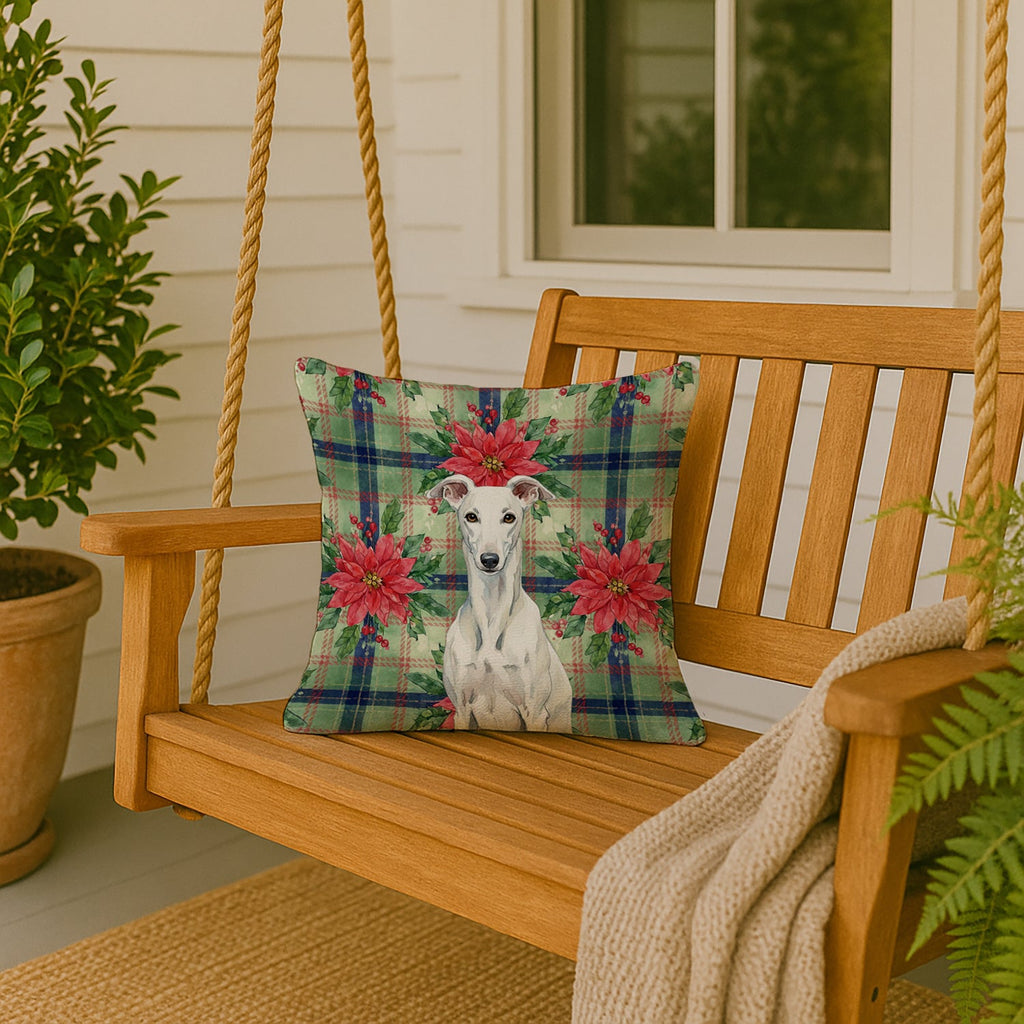White Greyhound Christmas PoinsettIas Decorative Throw Pillow 18x18 Indoor Outdoor Accent Cushion, Fabric Cover with Insert for Sofa, Bed, Porch & Living Room
