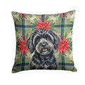 Black Havanese Christmas PoinsettIas Decorative Throw Pillow 14x14 Indoor Outdoor Accent Cushion, Fabric Cover with Insert for Sofa, Bed, Porch & Living Room