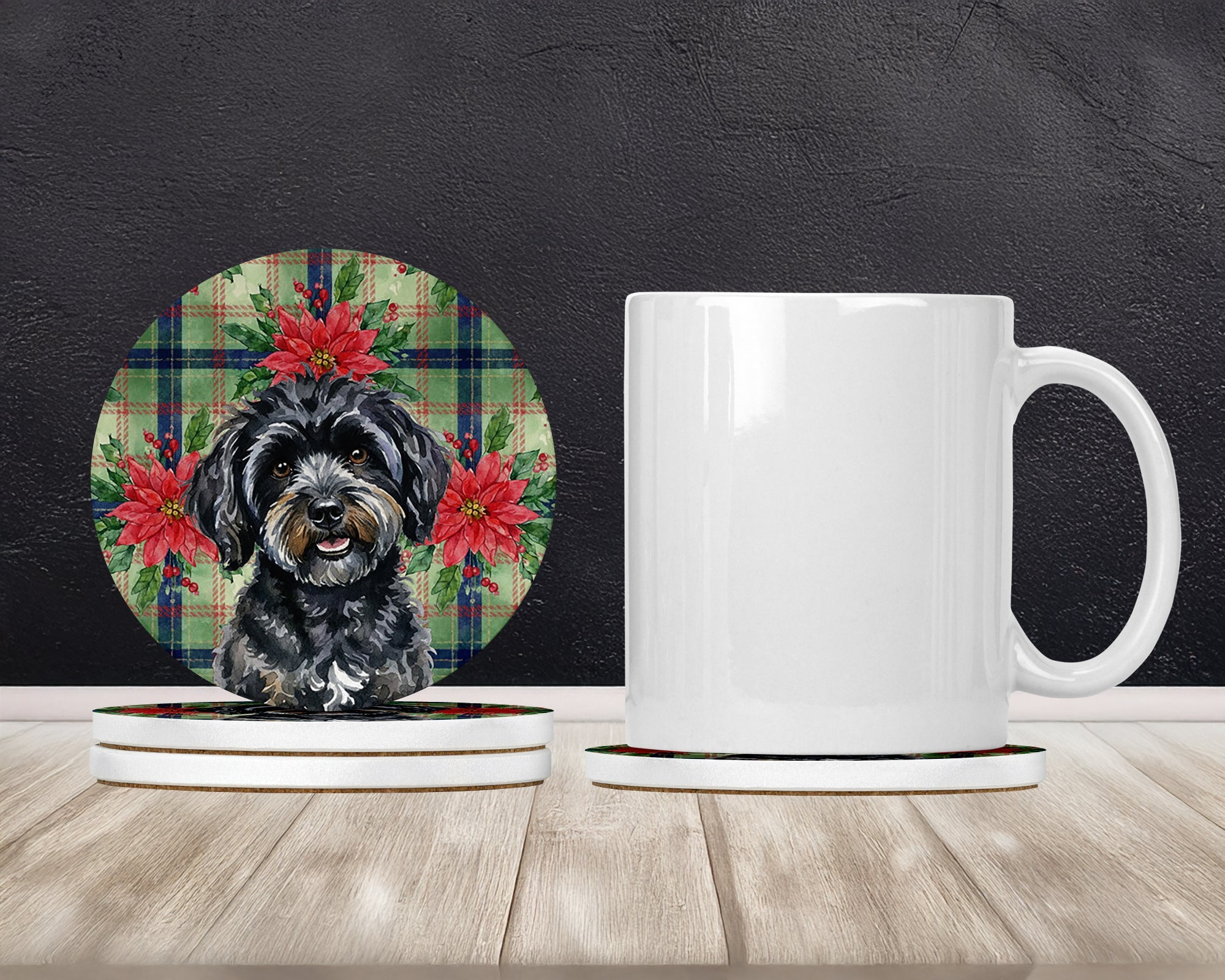 Black Havanese Christmas PoinsettIas Large Sandstone Coasters Pack of 4 Absorbent Round Coasters Decor Gifts for Men or Women, 4 in, Multicolor