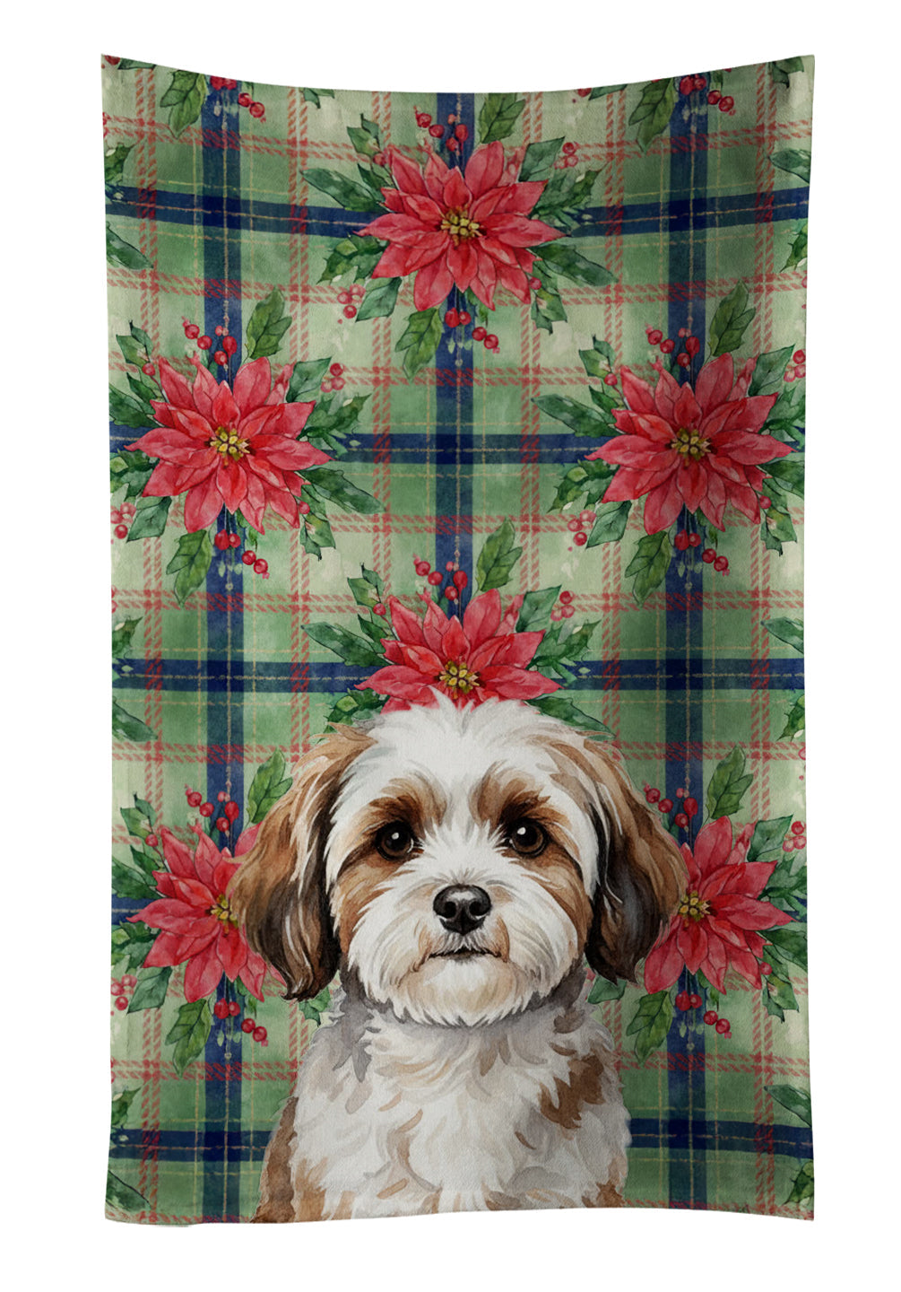 Parti-color Havanese Christmas PoinsettIas Kitchen Towel Velour Plush Front and Cotton Loop Back Machine Washable