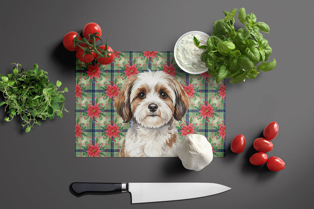 Parti-color Havanese Christmas PoinsettIas Cutting Board Tempered Glass Kitchen Cutting Surface, Heat Resistant Chopping, Non-Slip Feet, Food Prep & Serving