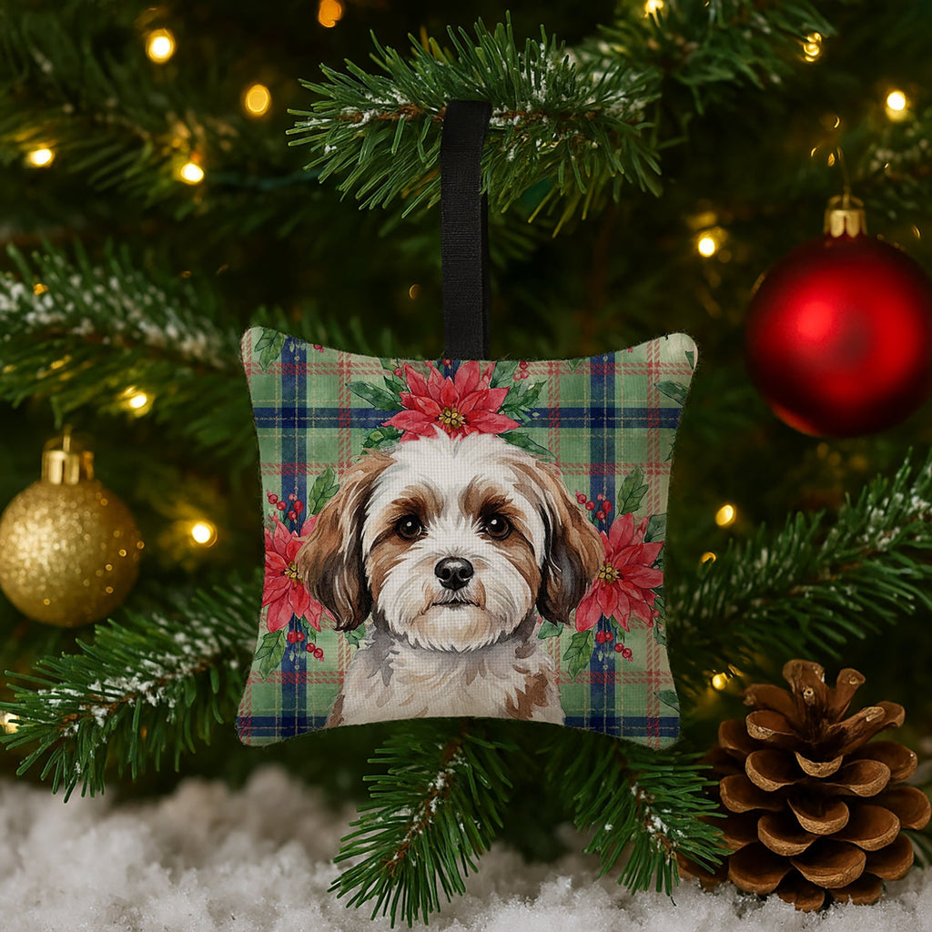 Parti-color Havanese Christmas PoinsettIas Hanging Square Fabric Ornament 3.5 � 3.5 Decorative Door-Knob & Tree Hanger, Soft Fabric