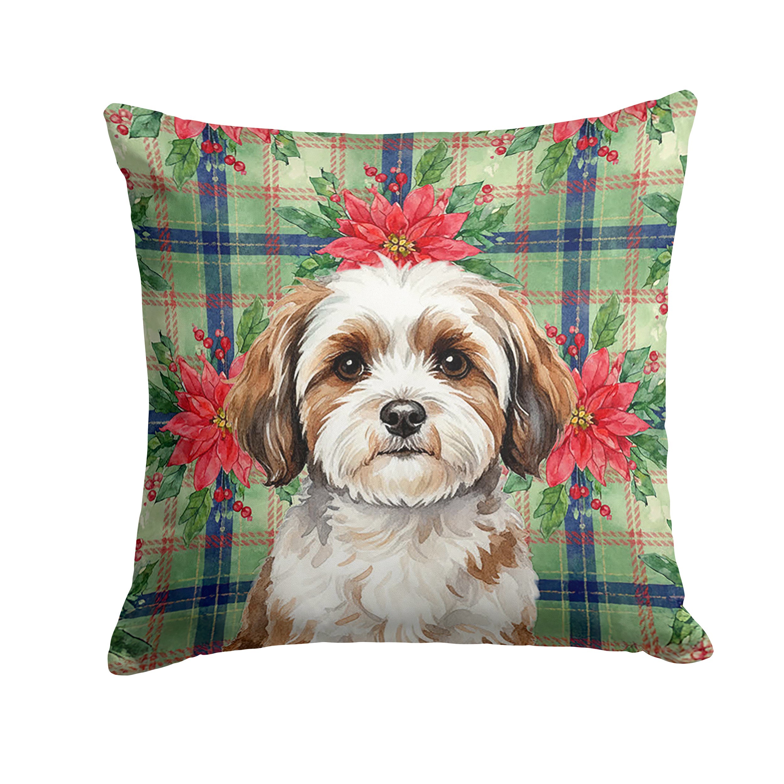 Parti-color Havanese Christmas PoinsettIas Decorative Throw Pillow 14x14 Indoor Outdoor Accent Cushion, Fabric Cover with Insert for Sofa, Bed, Porch & Living Room