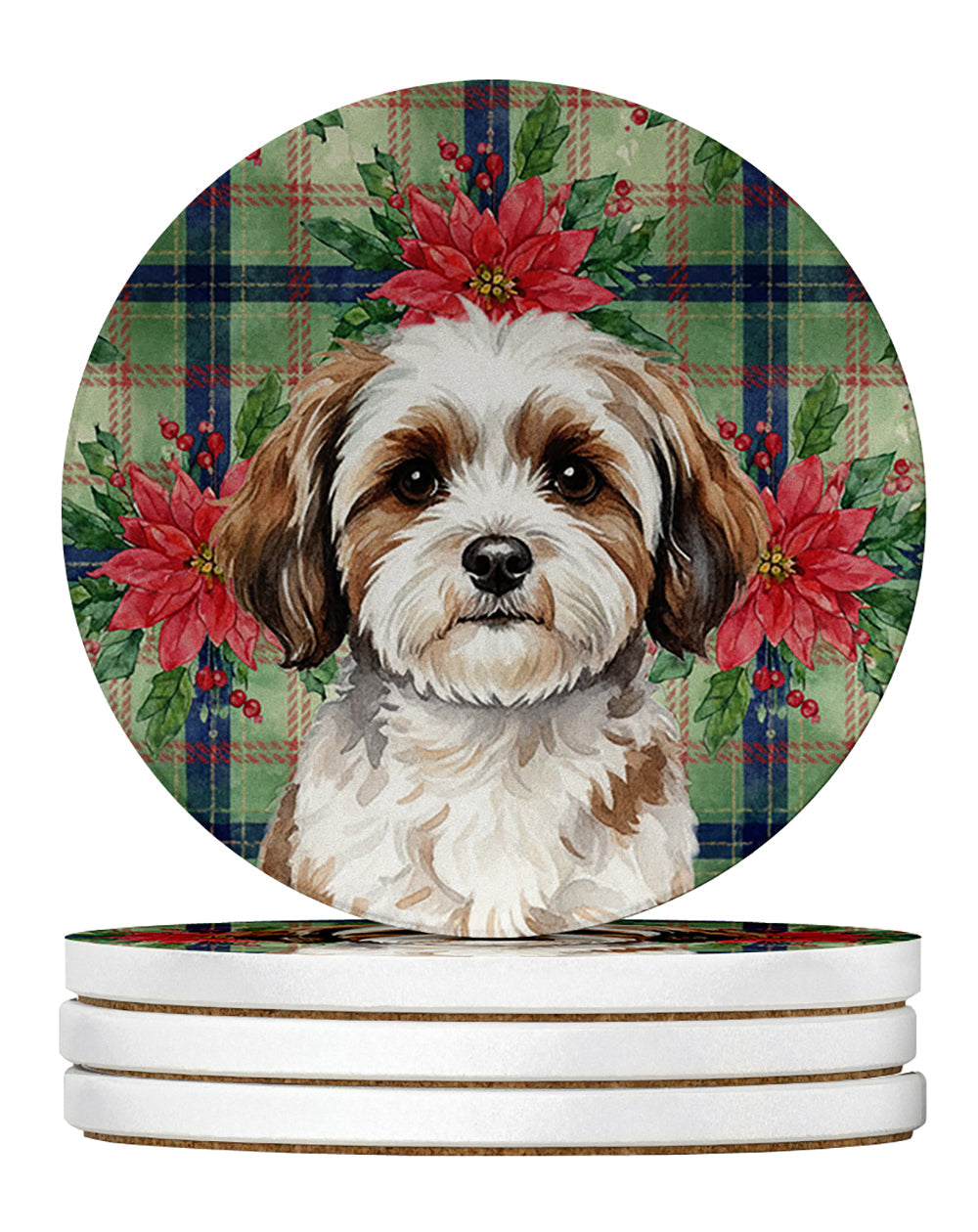 Parti-color Havanese Christmas PoinsettIas Large Sandstone Coasters Pack of 4 Absorbent Round Coasters Decor Gifts for Men or Women, 4 in, Multicolor