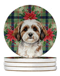 Parti-color Havanese Christmas PoinsettIas Large Sandstone Coasters Pack of 4 Absorbent Round Coasters Decor Gifts for Men or Women, 4 in, Multicolor