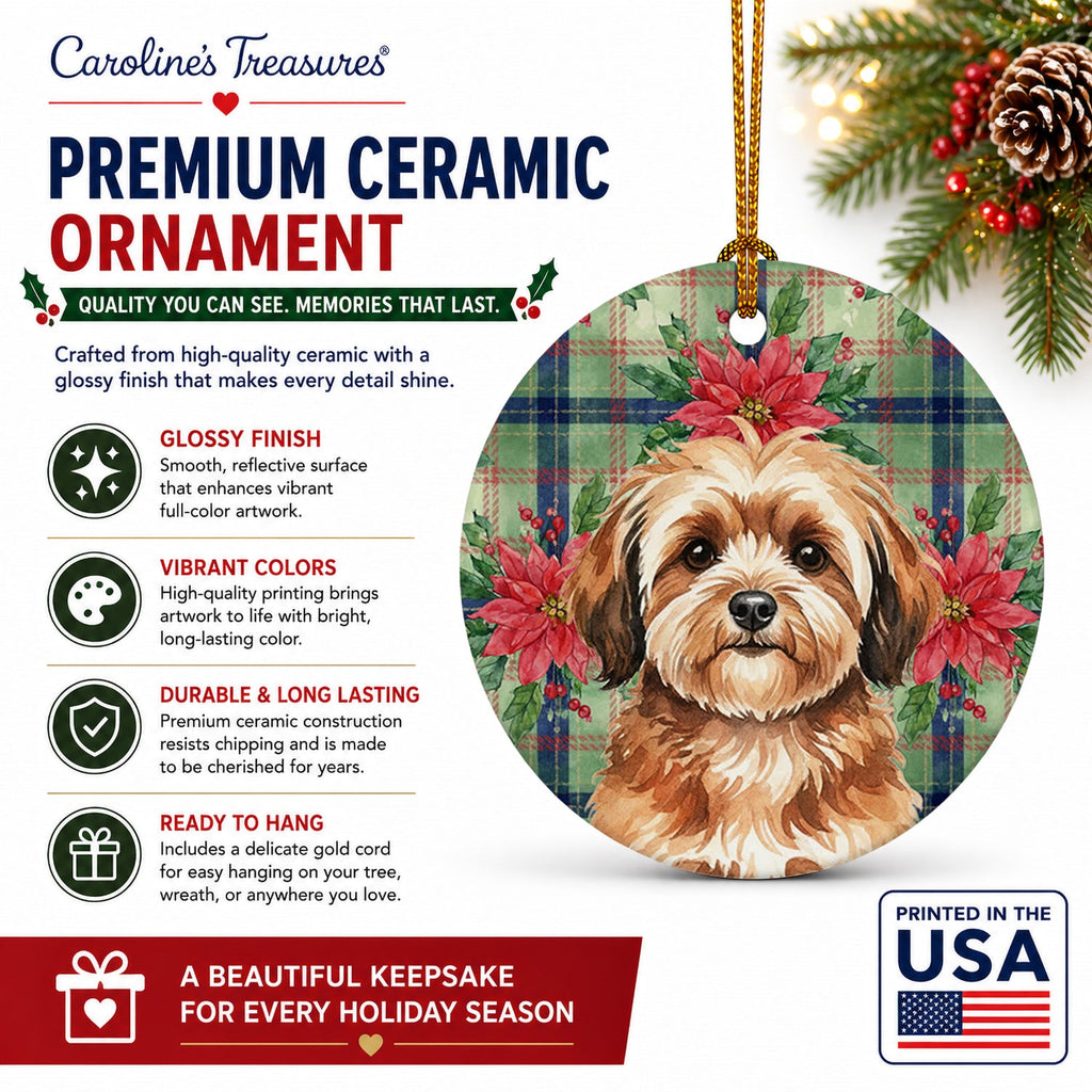 Sable Havanese Christmas PoinsettIas Ceramic Ornament Christmas Tree Hanging Decorations for Home Christmas Holiday, Party, Gift, 3 in, Multicolor