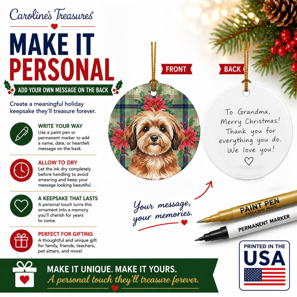 Sable Havanese Christmas PoinsettIas Ceramic Ornament Christmas Tree Hanging Decorations for Home Christmas Holiday, Party, Gift, 3 in, Multicolor