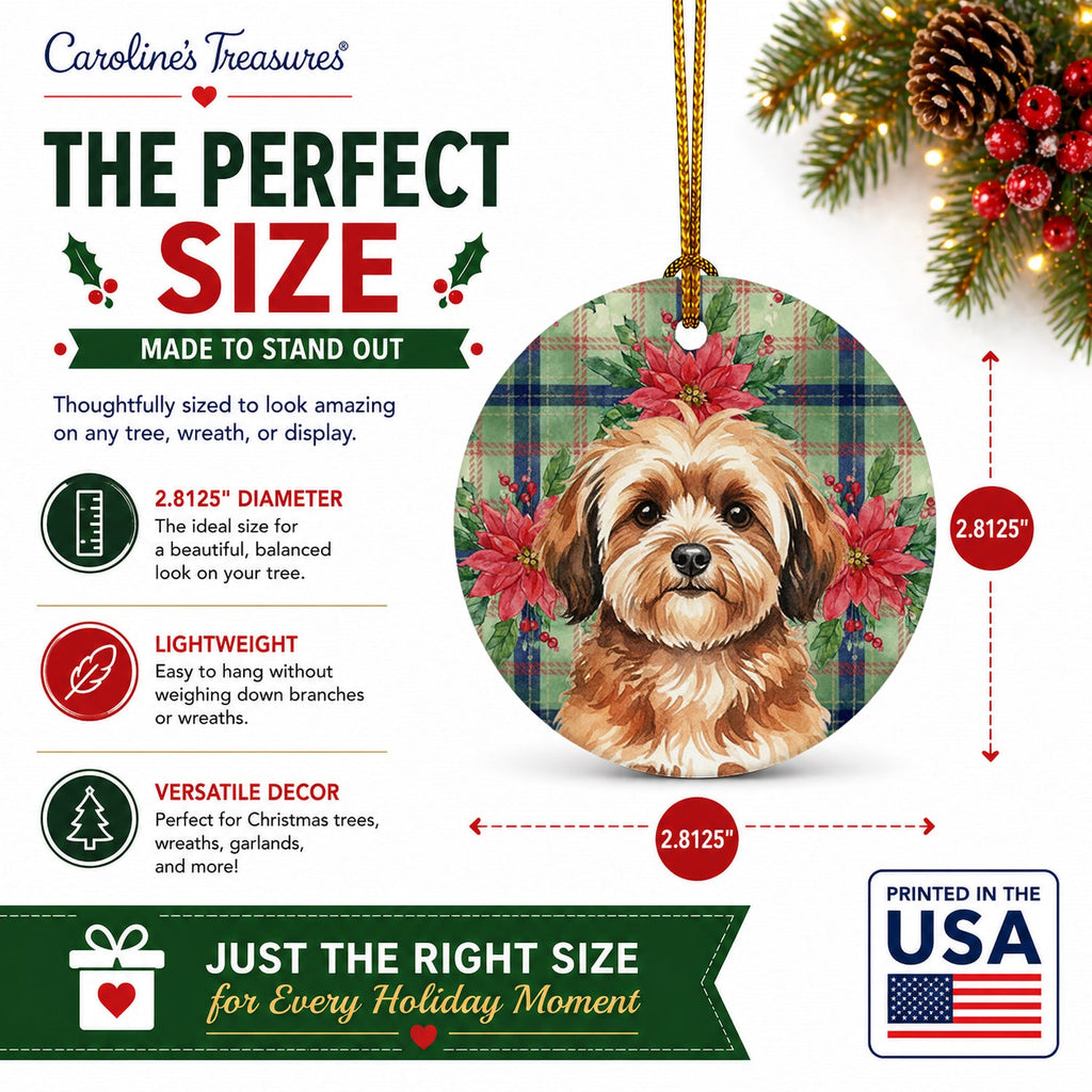 Sable Havanese Christmas PoinsettIas Ceramic Ornament Christmas Tree Hanging Decorations for Home Christmas Holiday, Party, Gift, 3 in, Multicolor