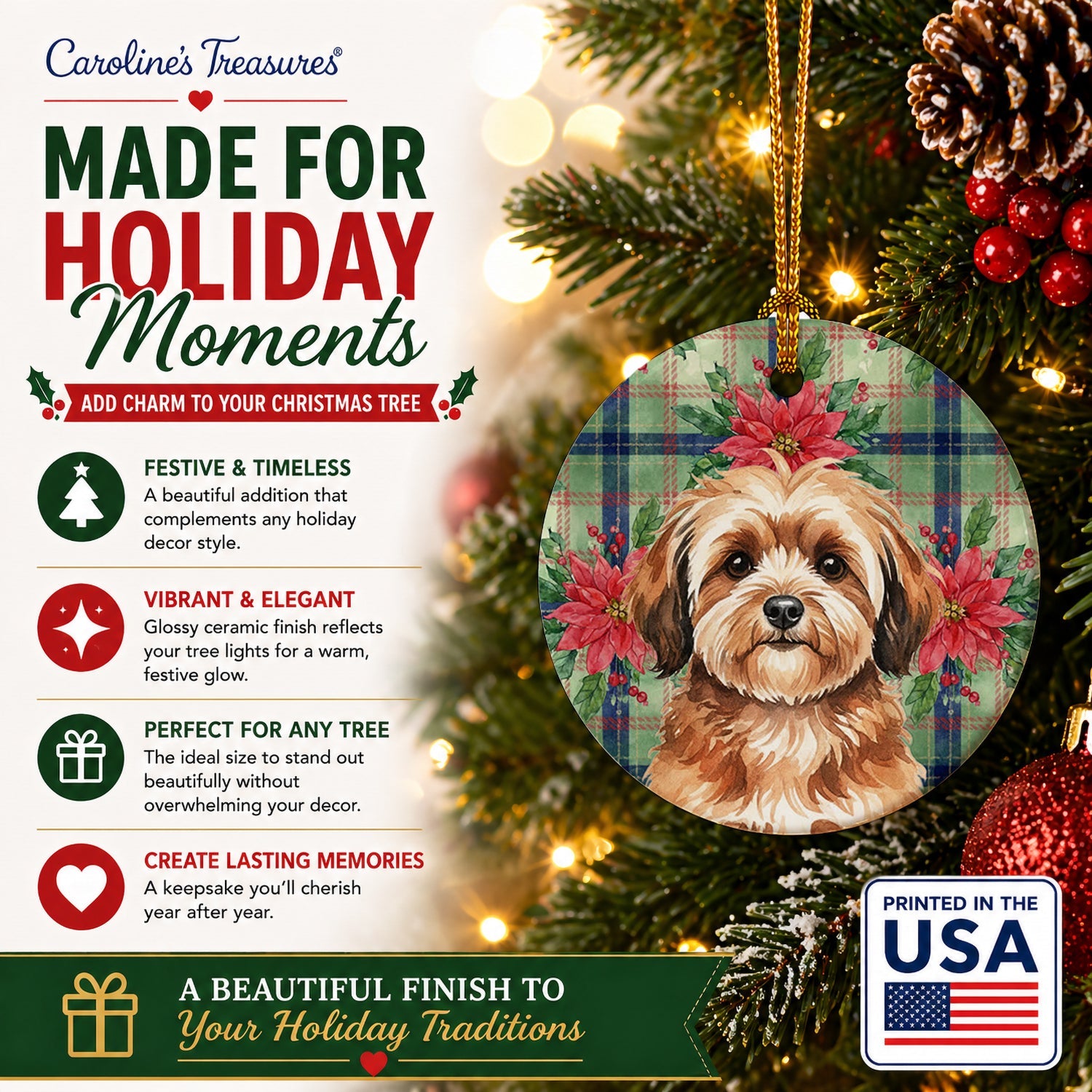 Sable Havanese Christmas PoinsettIas Ceramic Ornament Christmas Tree Hanging Decorations for Home Christmas Holiday, Party, Gift, 3 in, Multicolor