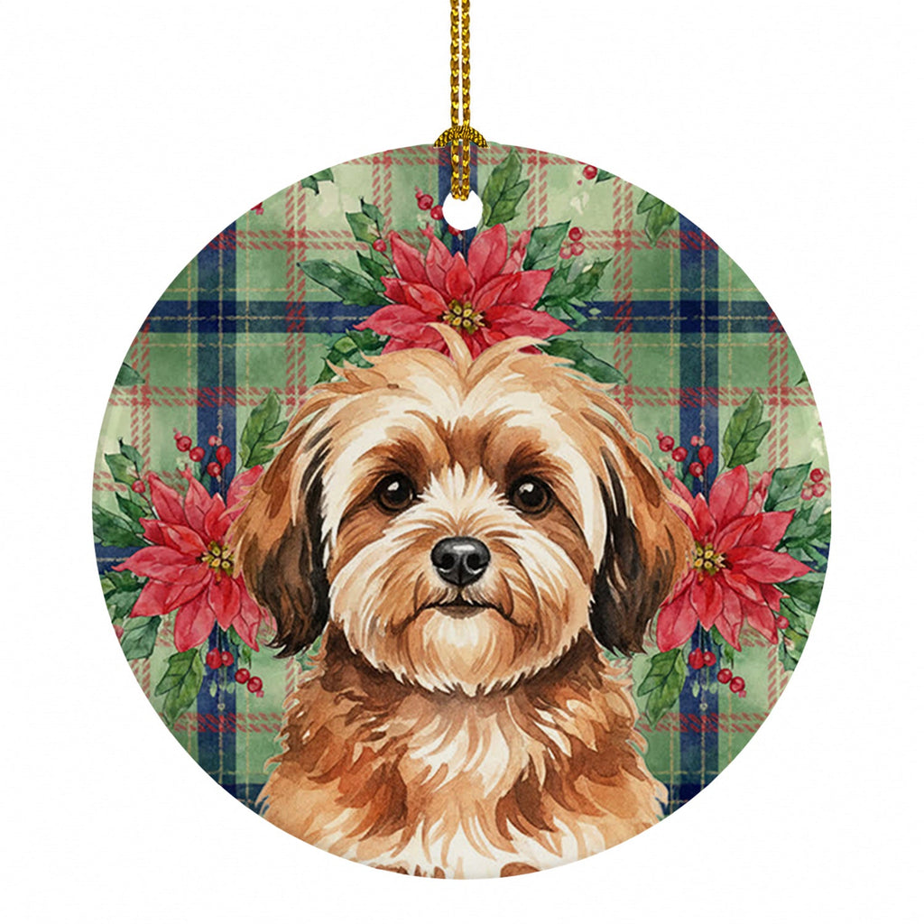 Sable Havanese Christmas PoinsettIas Ceramic Ornament Christmas Tree Hanging Decorations for Home Christmas Holiday, Party, Gift, 3 in, Multicolor