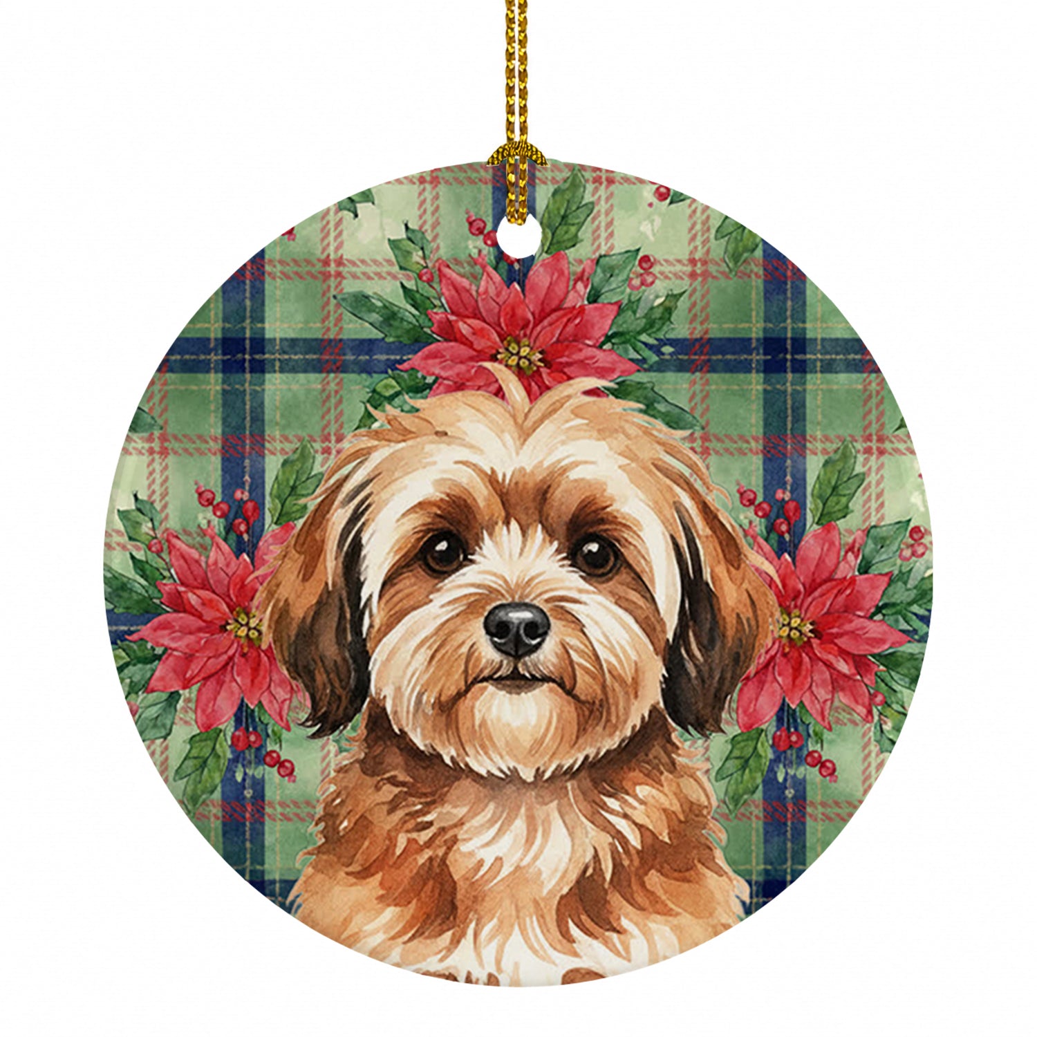 Sable Havanese Christmas PoinsettIas Ceramic Ornament Christmas Tree Hanging Decorations for Home Christmas Holiday, Party, Gift, 3 in, Multicolor