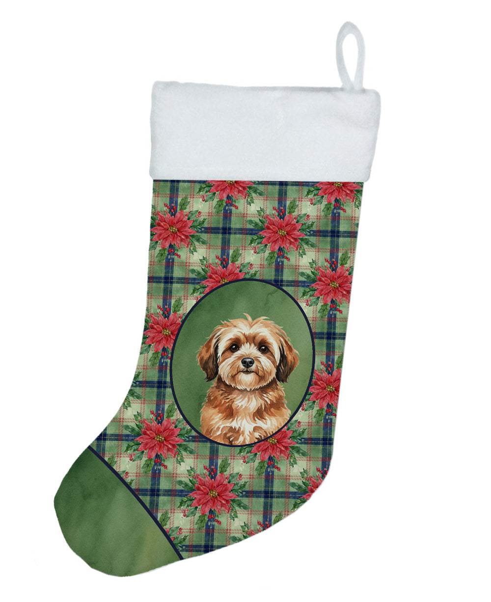 Sable Havanese Christmas PoinsettIas Holiday Stocking Double-Sided Print, Polyester Suede,11x18, Made in USA