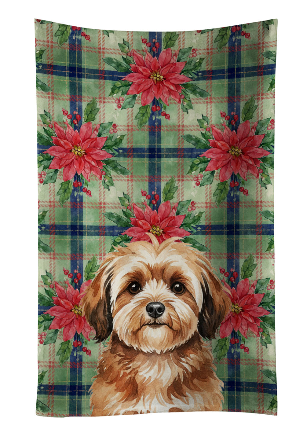 Sable Havanese Christmas PoinsettIas Kitchen Towel Velour Plush Front and Cotton Loop Back Machine Washable