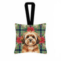 Sable Havanese Christmas PoinsettIas Hanging Square Fabric Ornament 3.5 � 3.5 Decorative Door-Knob & Tree Hanger, Soft Fabric
