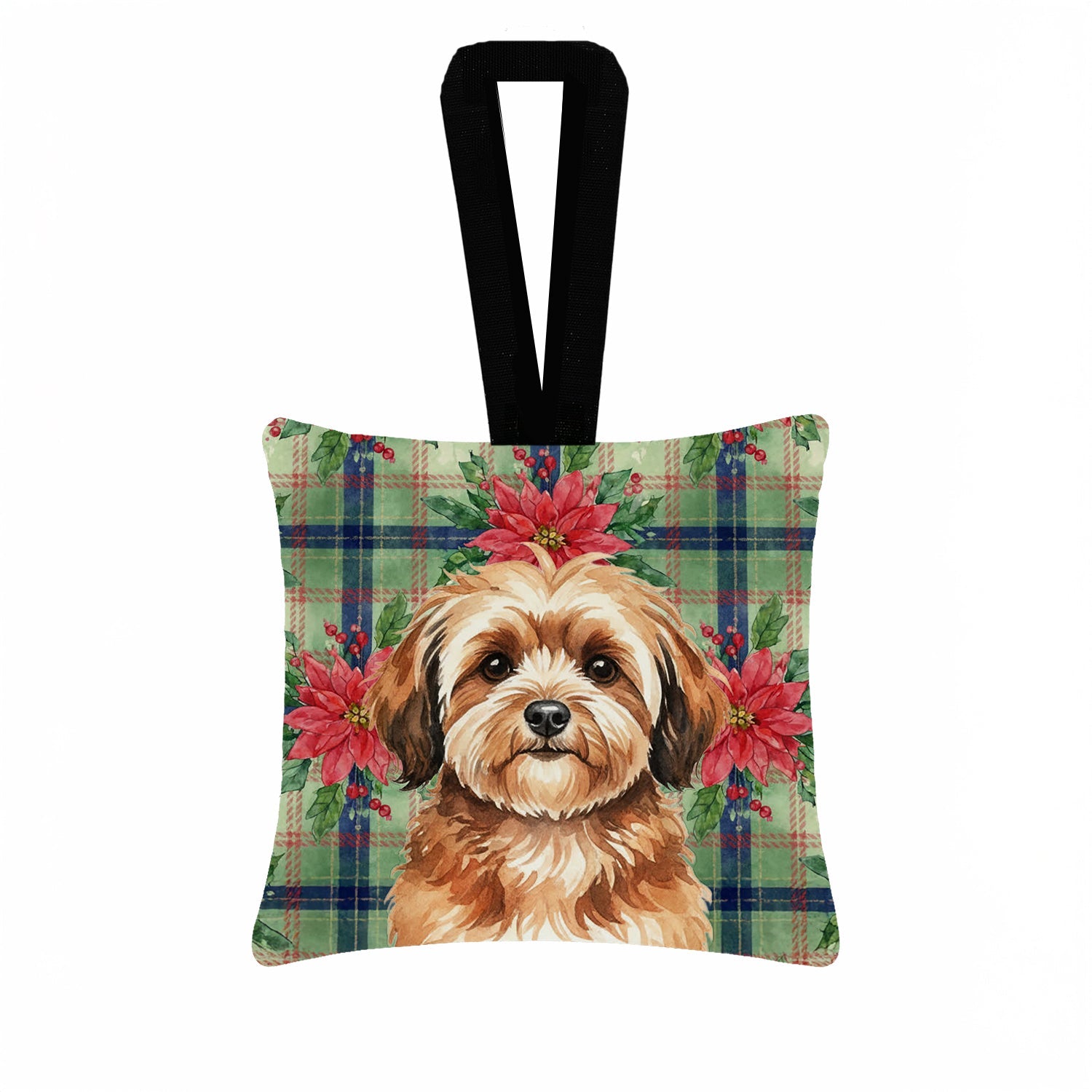 Sable Havanese Christmas PoinsettIas Hanging Square Fabric Ornament 3.5 � 3.5 Decorative Door-Knob & Tree Hanger, Soft Fabric