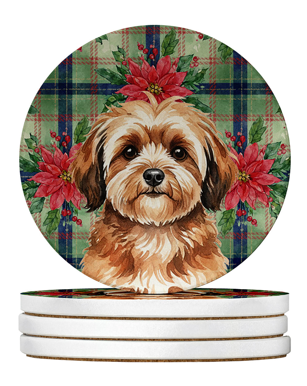 Sable Havanese Christmas PoinsettIas Large Sandstone Coasters Pack of 4 Absorbent Round Coasters Decor Gifts for Men or Women, 4 in, Multicolor