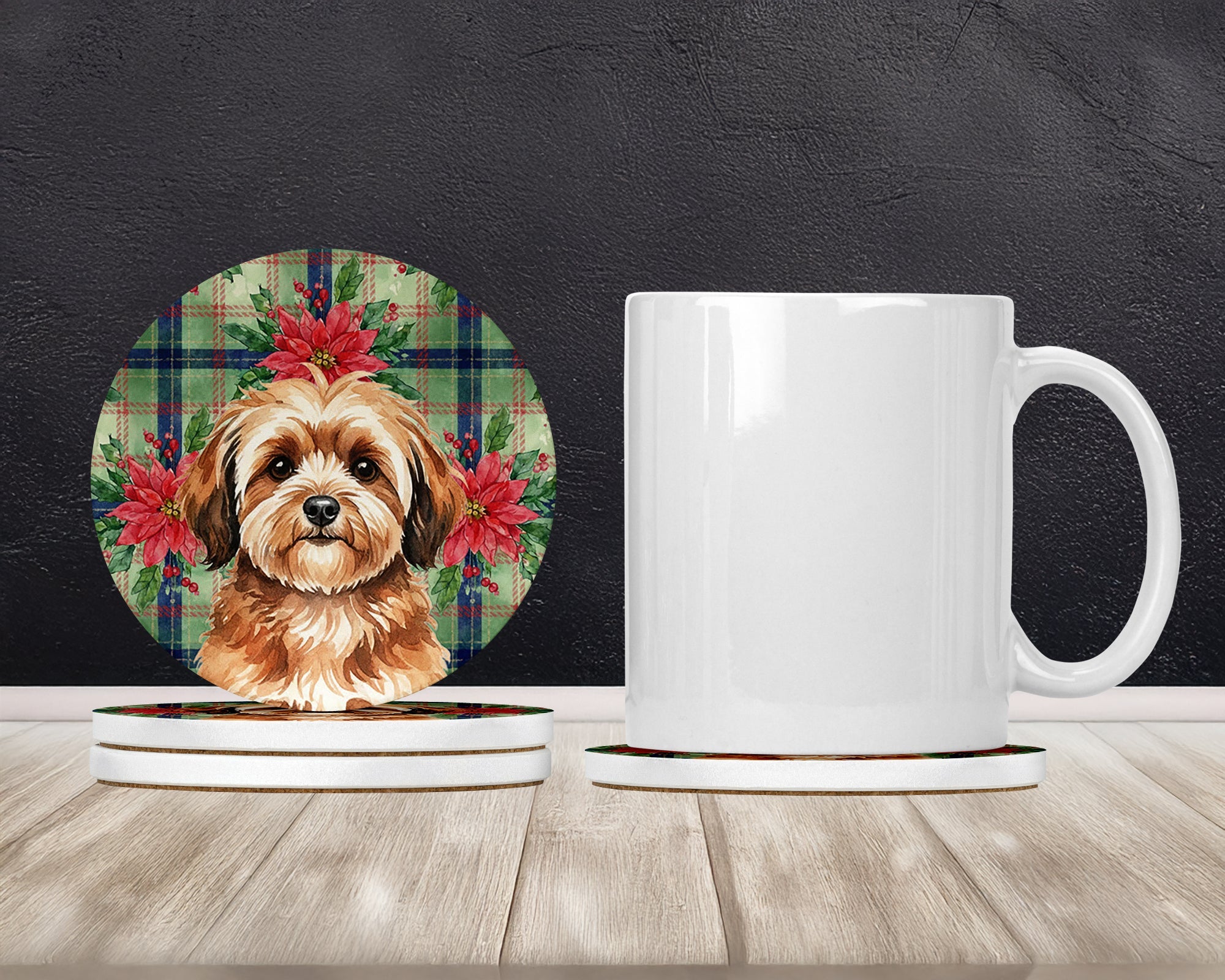 Sable Havanese Christmas PoinsettIas Large Sandstone Coasters Pack of 4 Absorbent Round Coasters Decor Gifts for Men or Women, 4 in, Multicolor
