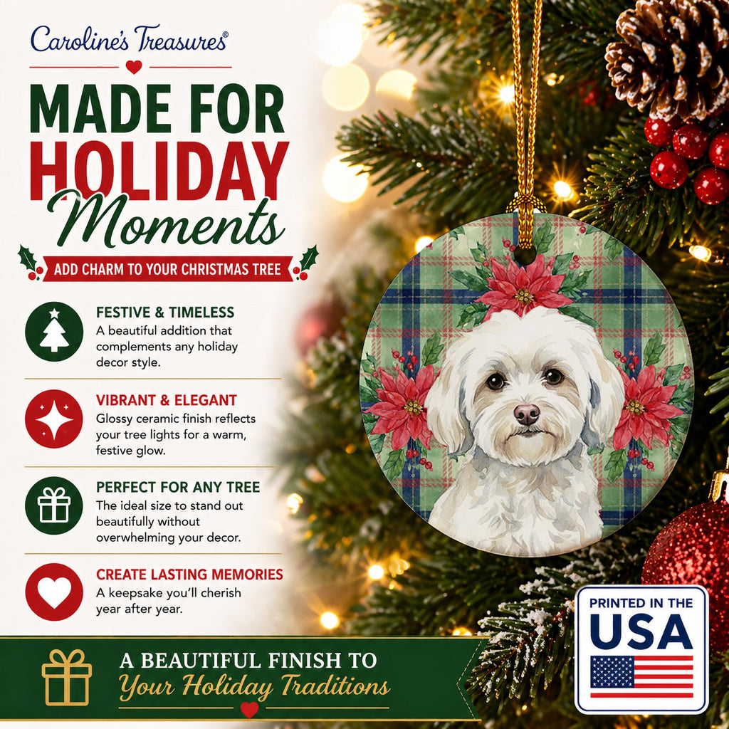 White Havanese Christmas PoinsettIas Ceramic Ornament Christmas Tree Hanging Decorations for Home Christmas Holiday, Party, Gift, 3 in, Multicolor