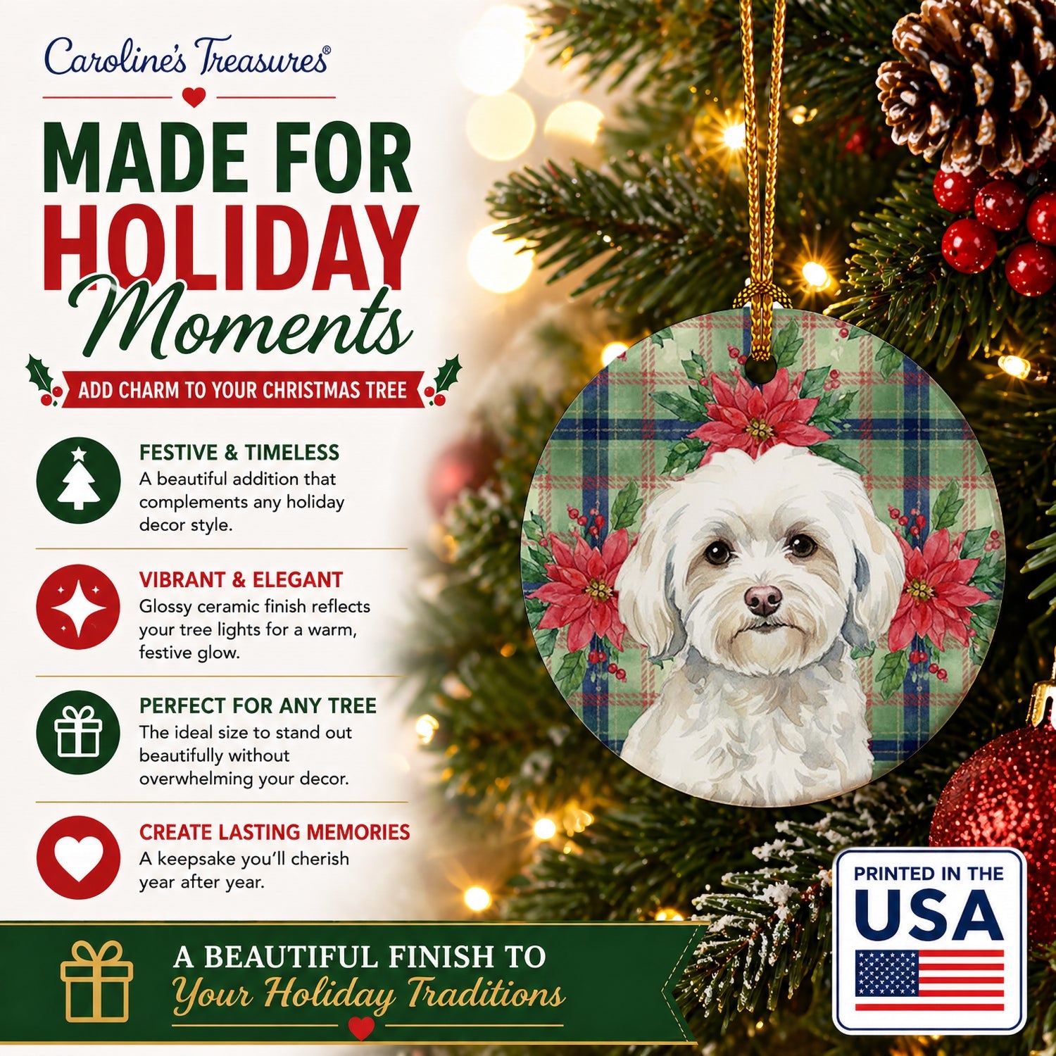 White Havanese Christmas PoinsettIas Ceramic Ornament Christmas Tree Hanging Decorations for Home Christmas Holiday, Party, Gift, 3 in, Multicolor