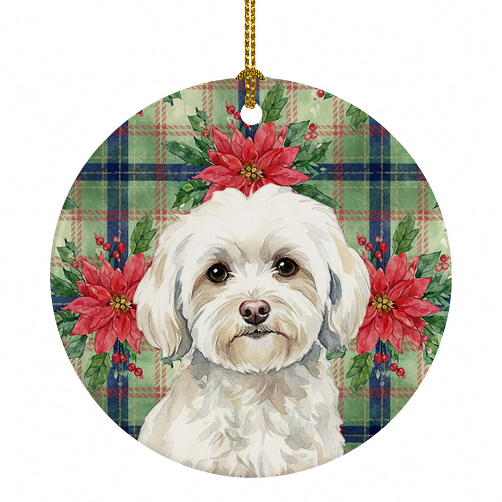 White Havanese Christmas PoinsettIas Ceramic Ornament Christmas Tree Hanging Decorations for Home Christmas Holiday, Party, Gift, 3 in, Multicolor