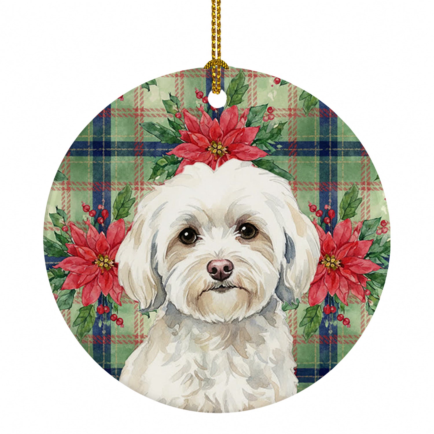 White Havanese Christmas PoinsettIas Ceramic Ornament Christmas Tree Hanging Decorations for Home Christmas Holiday, Party, Gift, 3 in, Multicolor