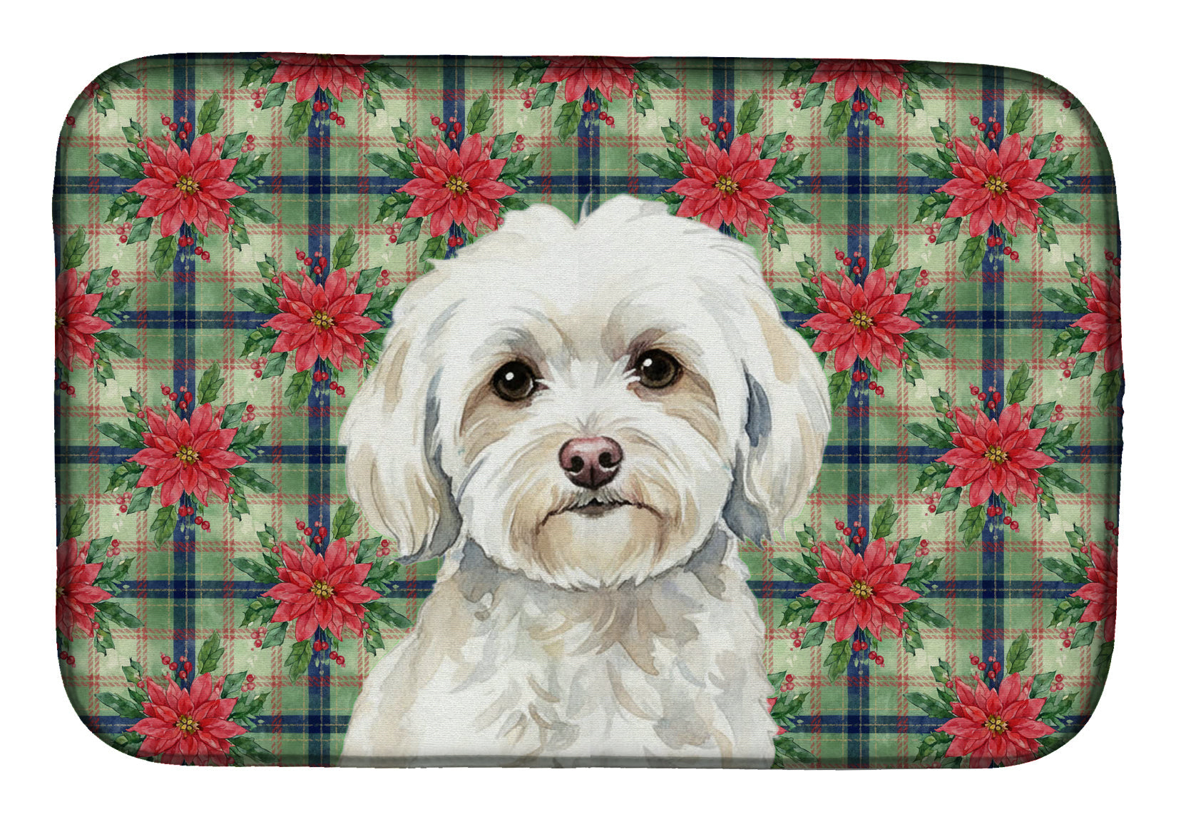 White Havanese Christmas PoinsettIas Dish Drying Mat Absorbent Dish Drying Mat Pad for Kitchen Counter Dish Drainer Mat for Countertop, 14 x 21", Multicolor