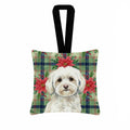 White Havanese Christmas PoinsettIas Hanging Square Fabric Ornament 3.5 � 3.5 Decorative Door-Knob & Tree Hanger, Soft Fabric