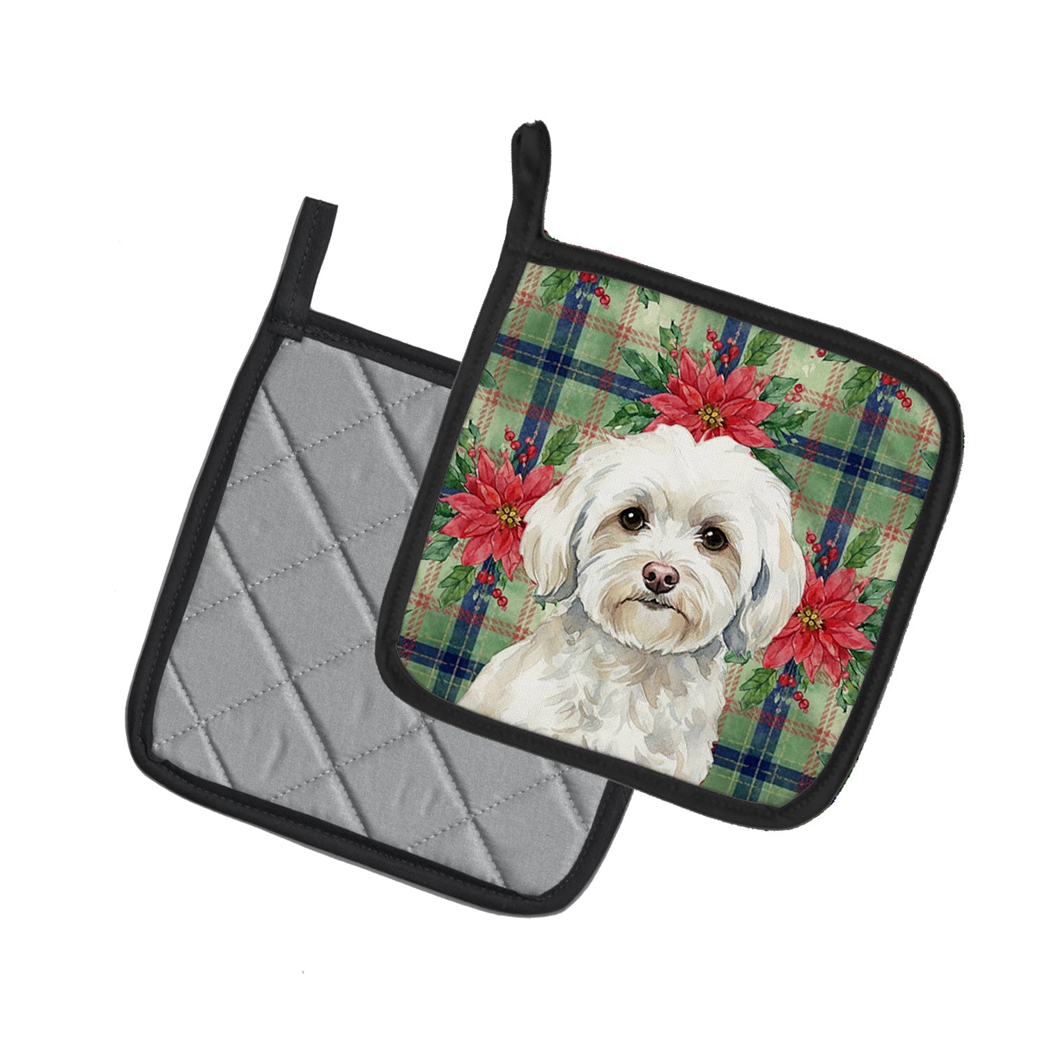 White Havanese Christmas PoinsettIas Pot Holder Set of 2 Heat Resistant Quilted Hot Pads 7.5 x 7.5 Inch, Insulated Kitchen Trivets for Cooking & Baking