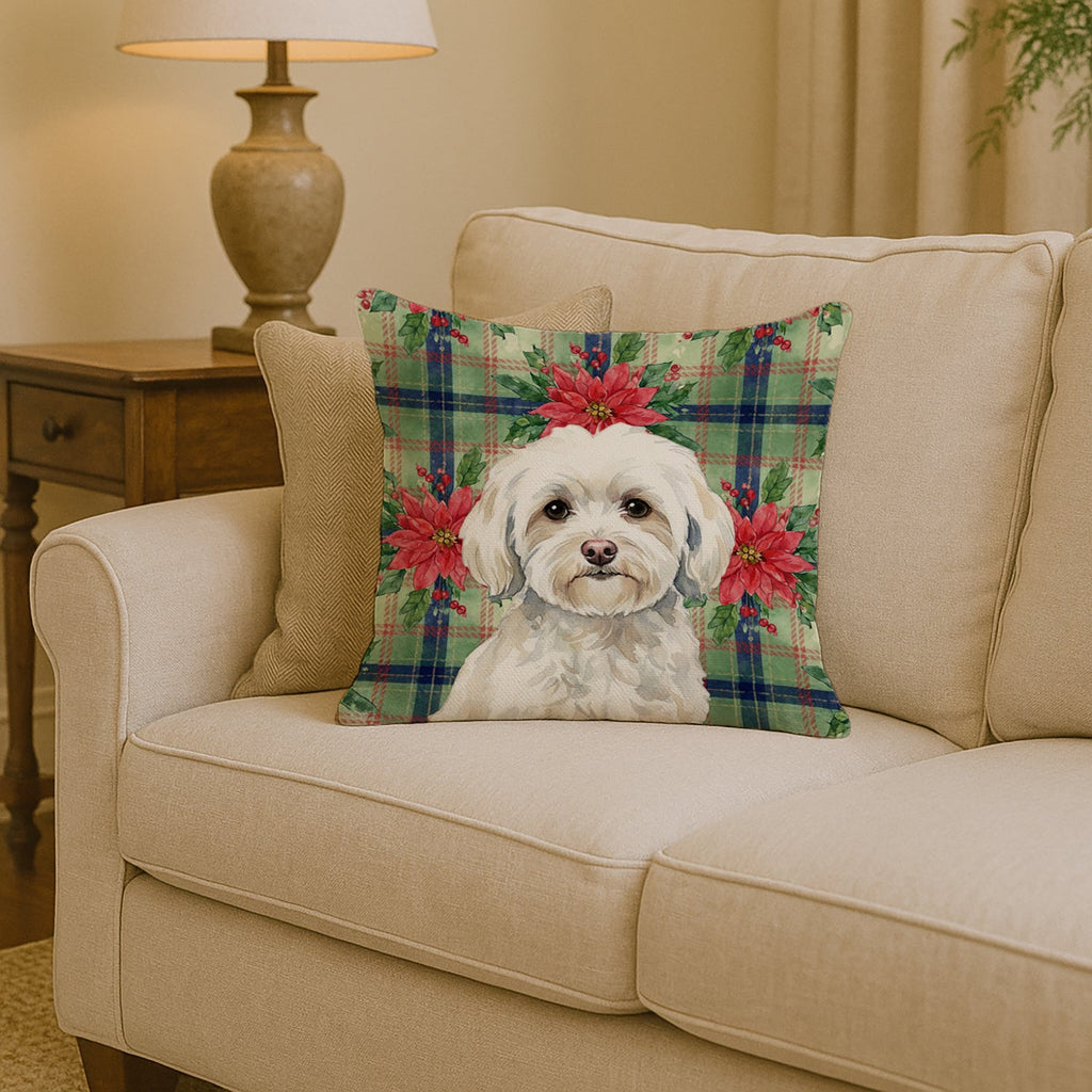 White Havanese Christmas PoinsettIas Decorative Throw Pillow 14x14 Indoor Outdoor Accent Cushion, Fabric Cover with Insert for Sofa, Bed, Porch & Living Room