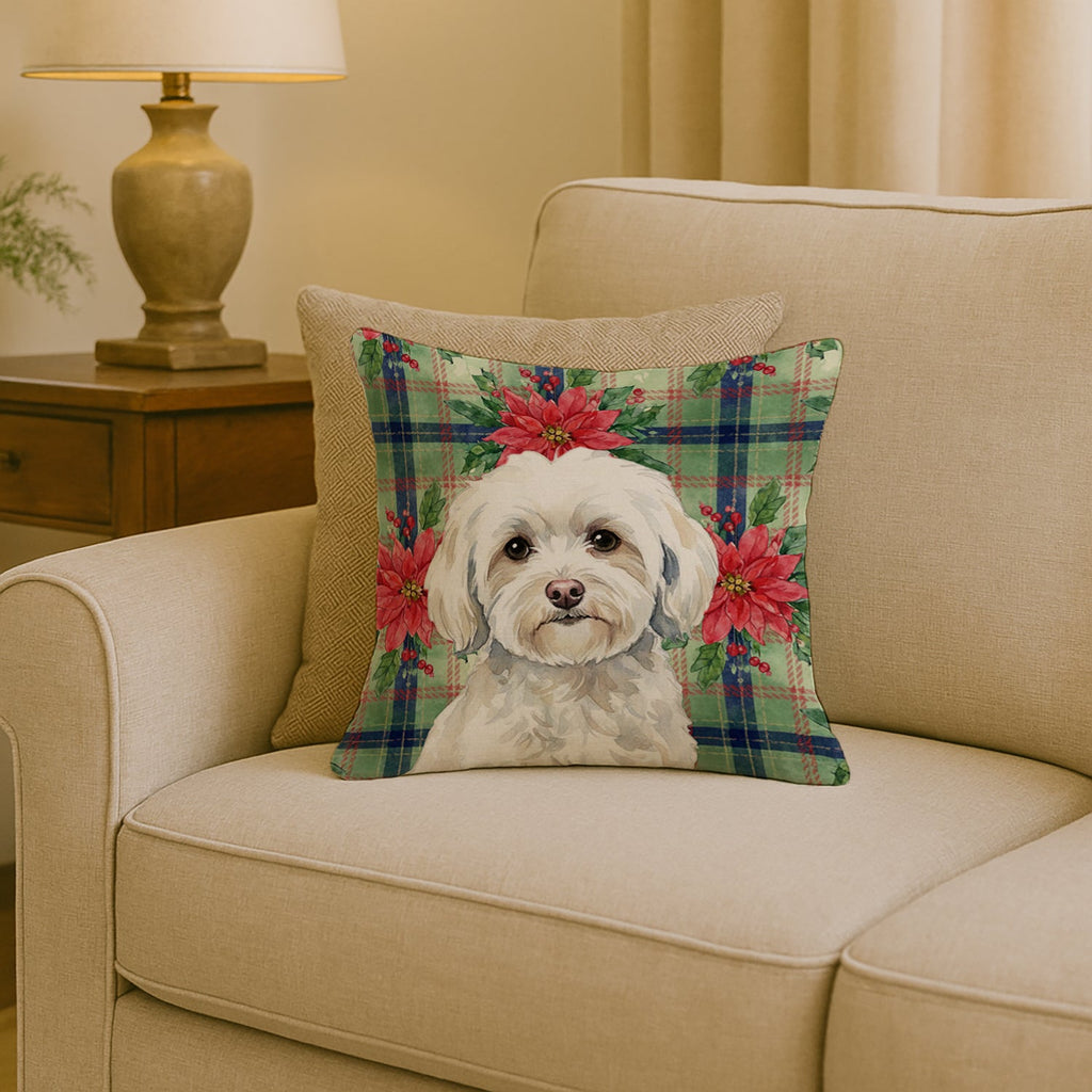 White Havanese Christmas PoinsettIas Decorative Throw Pillow 18x18 Indoor Outdoor Accent Cushion, Fabric Cover with Insert for Sofa, Bed, Porch & Living Room