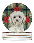 White Havanese Christmas PoinsettIas Large Sandstone Coasters Pack of 4 Absorbent Round Coasters Decor Gifts for Men or Women, 4 in, Multicolor