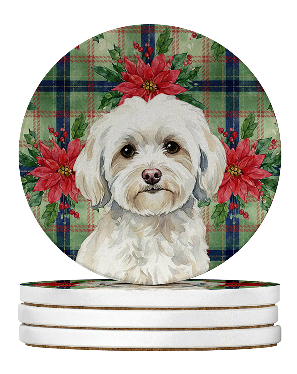 White Havanese Christmas PoinsettIas Large Sandstone Coasters Pack of 4 Absorbent Round Coasters Decor Gifts for Men or Women, 4 in, Multicolor