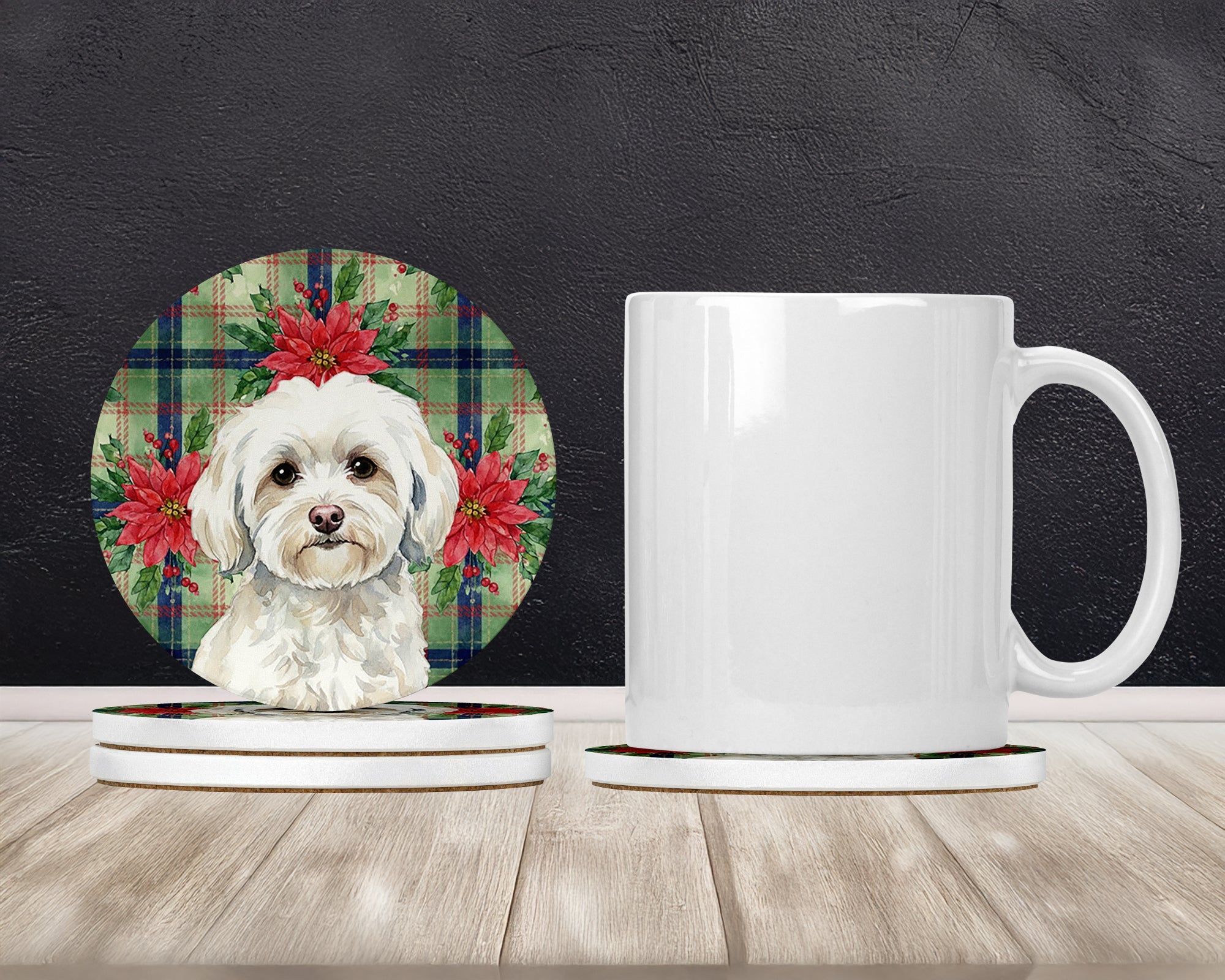 White Havanese Christmas PoinsettIas Large Sandstone Coasters Pack of 4 Absorbent Round Coasters Decor Gifts for Men or Women, 4 in, Multicolor