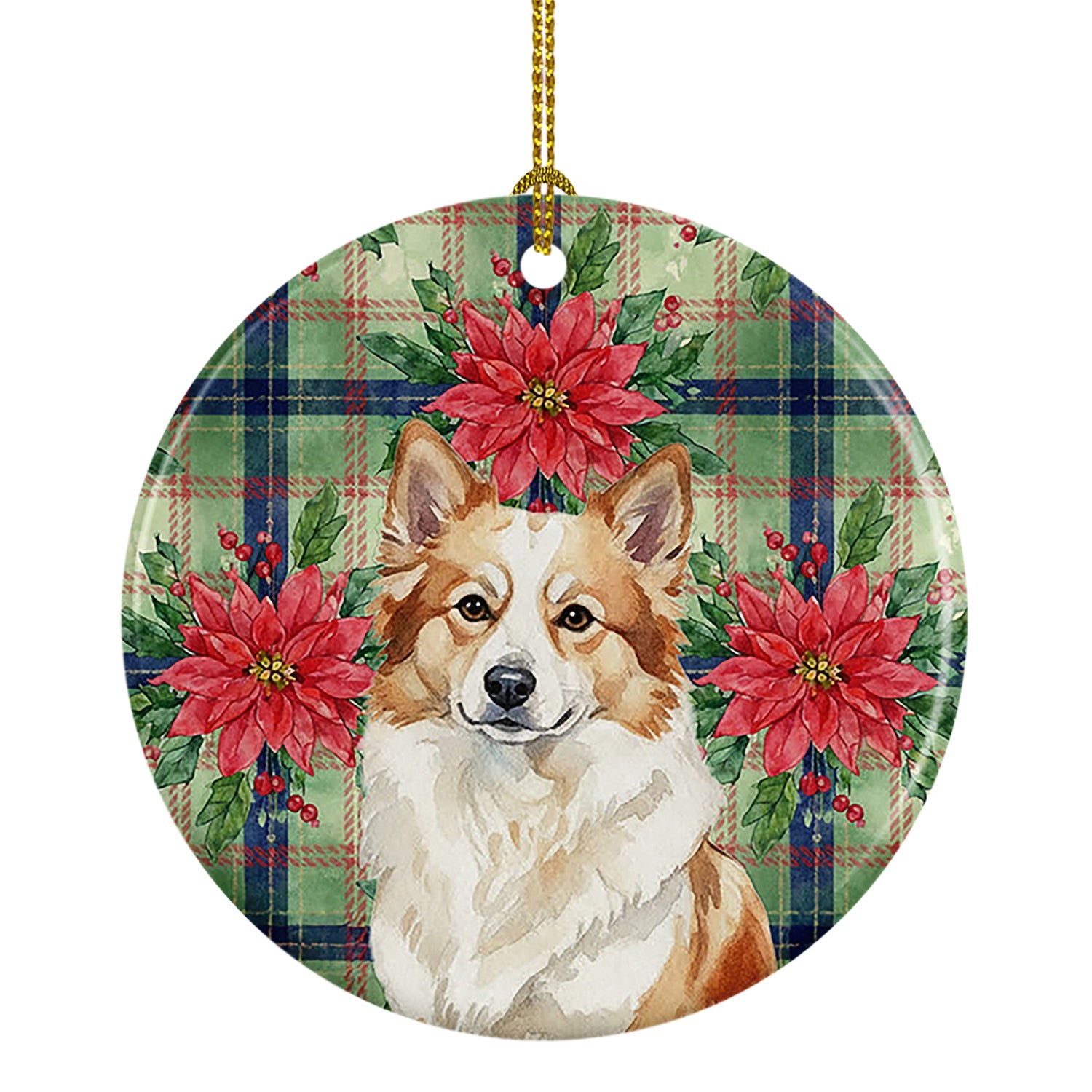Tan Icelandic Sheepdog Christmas PoinsettIas Ceramic Ornament Christmas Tree Hanging Decorations for Home Christmas Holiday, Party, Gift, 3 in, Multicolor
