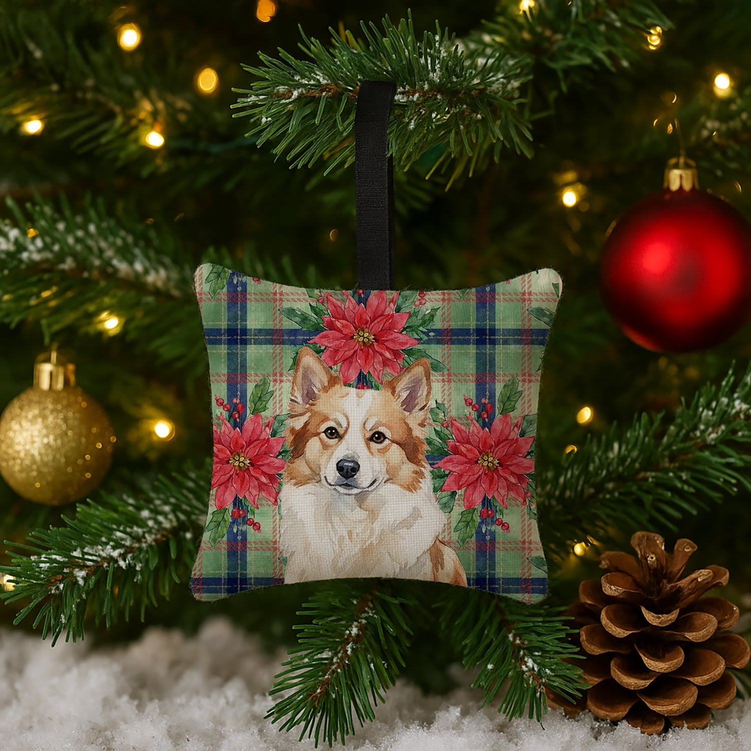 Tan Icelandic Sheepdog Christmas PoinsettIas Hanging Square Fabric Ornament 3.5 � 3.5 Decorative Door-Knob & Tree Hanger, Soft Fabric