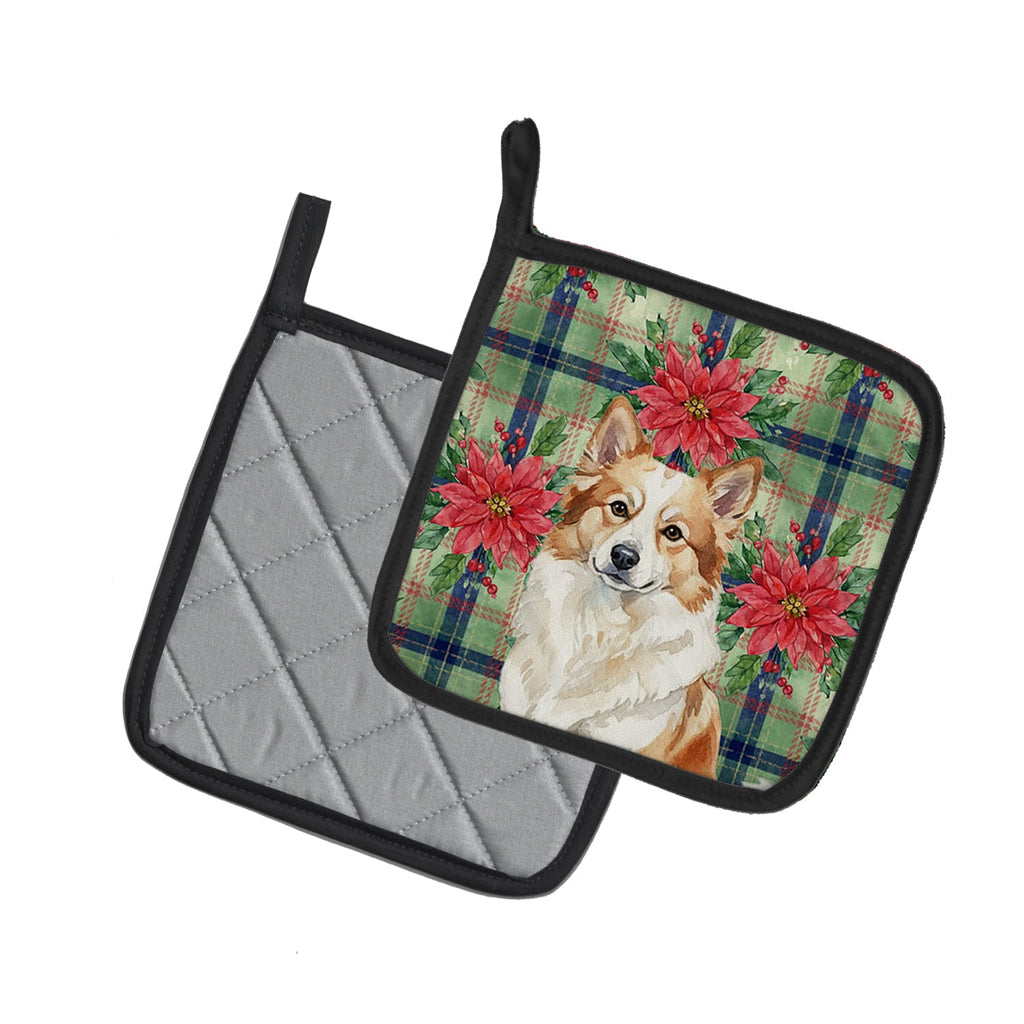 Tan Icelandic Sheepdog Christmas PoinsettIas Pot Holder Set of 2 Heat Resistant Quilted Hot Pads 7.5 x 7.5 Inch, Insulated Kitchen Trivets for Cooking & Baking