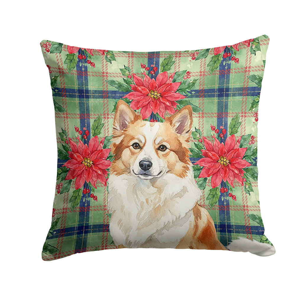 Tan Icelandic Sheepdog Christmas PoinsettIas Decorative Throw Pillow 18x18 Indoor Outdoor Accent Cushion, Fabric Cover with Insert for Sofa, Bed, Porch & Living Room