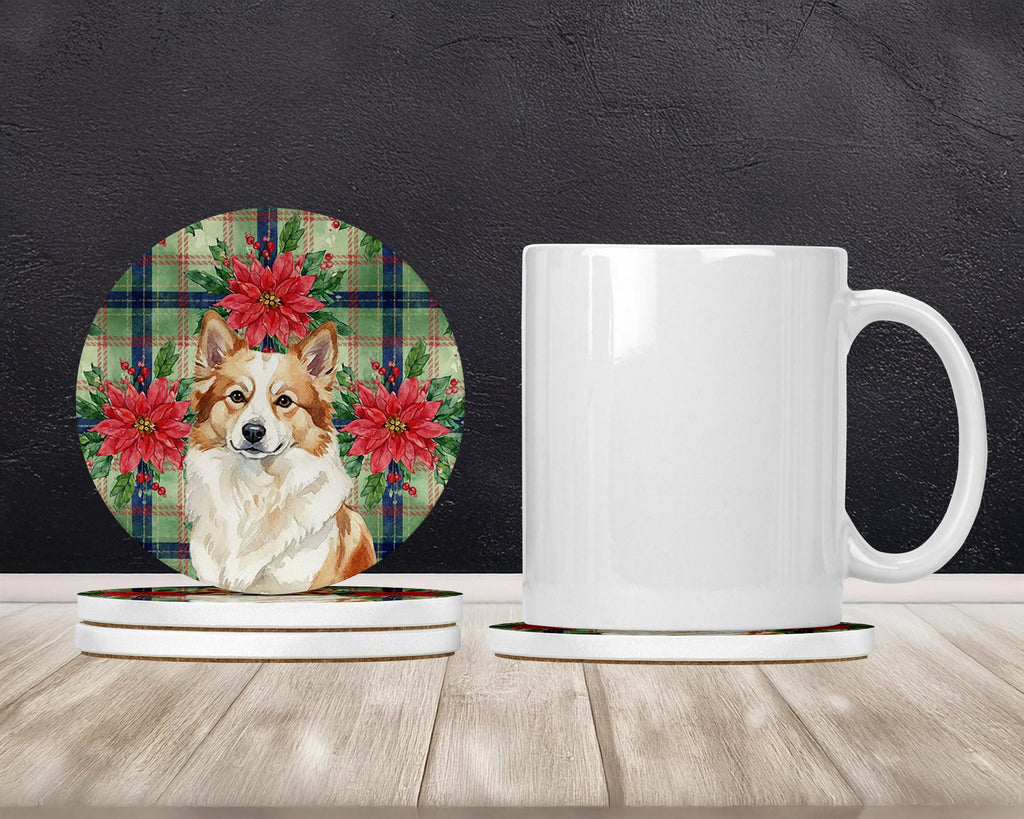 Tan Icelandic Sheepdog Christmas PoinsettIas Large Sandstone Coasters Pack of 4 Absorbent Round Coasters Decor Gifts for Men or Women, 4 in, Multicolor